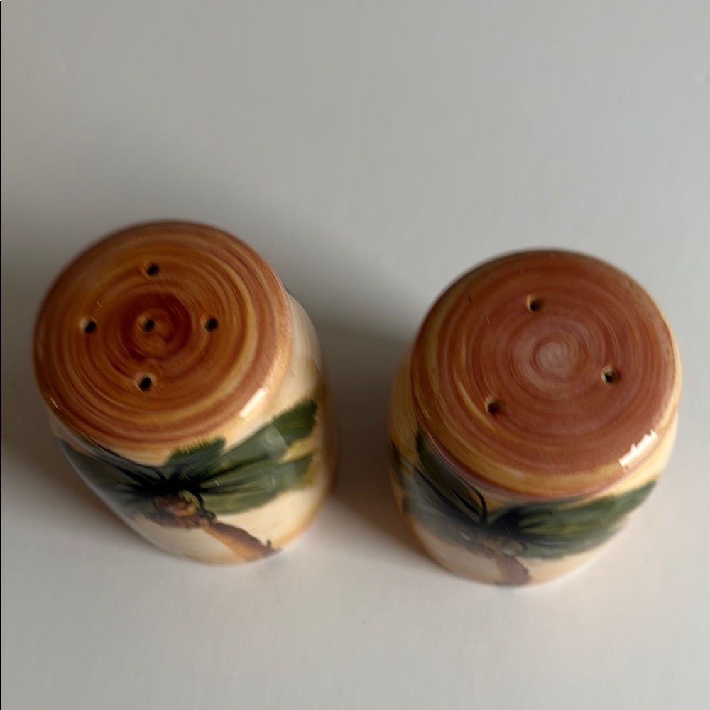 Hand-Painted Palm Tree Ceramic Salt & Pepper Shakers in Beige and Green - Picture 3 of 6